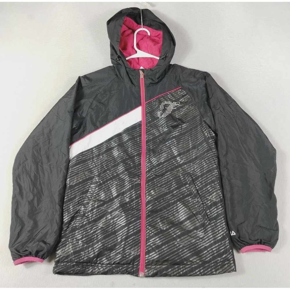 FILA Jacket Womens Large Black Hooded Windbreaker Pink Lined Zip Athletic